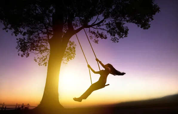 Picture girl, the sun, sunset, background, swing, tree, Wallpaper, mood