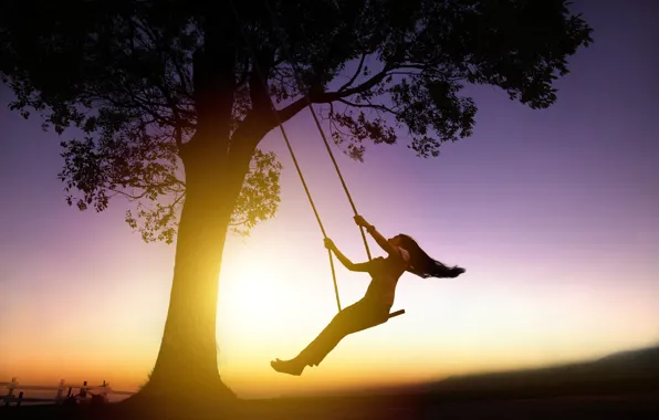 Girl, the sun, sunset, background, swing, tree, Wallpaper, mood