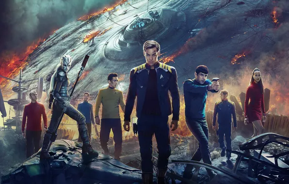 Fiction, poster, Chris Pine, Zoe Saldana, characters, spaceship, Zachary Quinto, Zachary Quinto