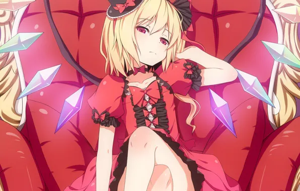 Wings, chair, crystals, hat, bows, sitting, red dress, touhou