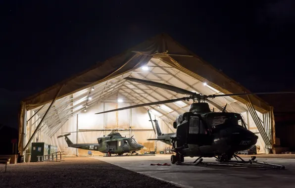 Light, night, weapons, army, hangar, helicopter
