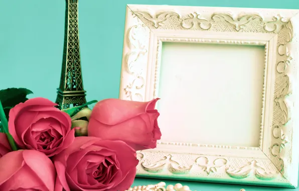 Flowers, roses, frame, Paris, vintage, pink, vintage, flowers