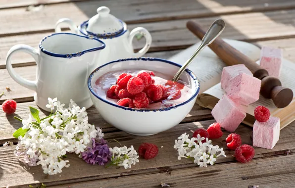 Breakfast, Breakfast, lilac Flowers, Yogurt and raspberries, Yogurt and raspberries, Lilac flowers