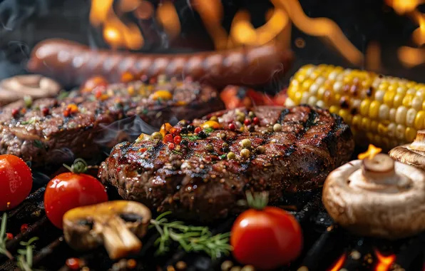 Greens, the dark background, fire, mushrooms, corn, grille, meat, BBQ