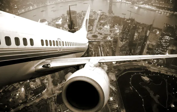 Picture the city, height, wing, turbine, Shanghai, the plane, twilight, Airplane