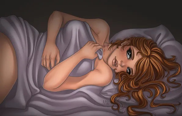 Eyes, look, girl, face, pose, hair, bed, art