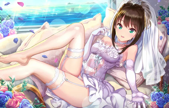 Girl, sexy, thighhighs, green eyes, dress, legs, sea, anime