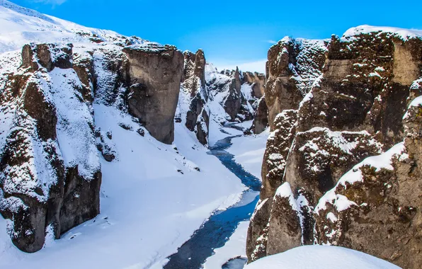 Winter, snow, river, rocks, Iceland