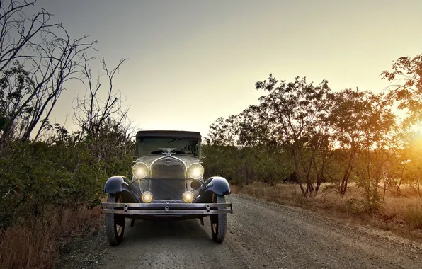 Road, machine, sunset