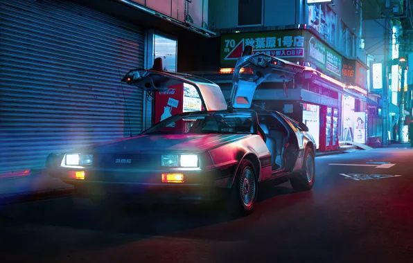 Night, Street, Light, Lights, Back to the future, DeLorean DMC-12, Back To The Future