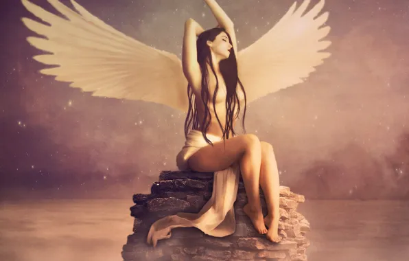 Water, girl, pose, reflection, fiction, hair, wings, angel