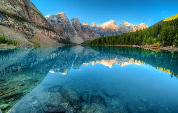 Forest, water, trees, mountains, lake, reflection, stones, rocks