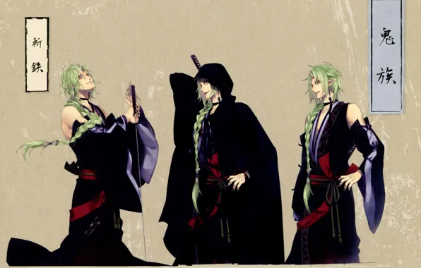 Picture elf, katana, characters, braid, kimono, grey background, green hair, swordsman