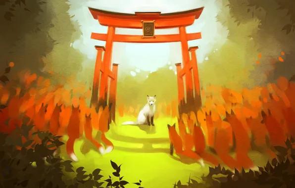 Picture forest, leaves, trees, Fox, white Fox