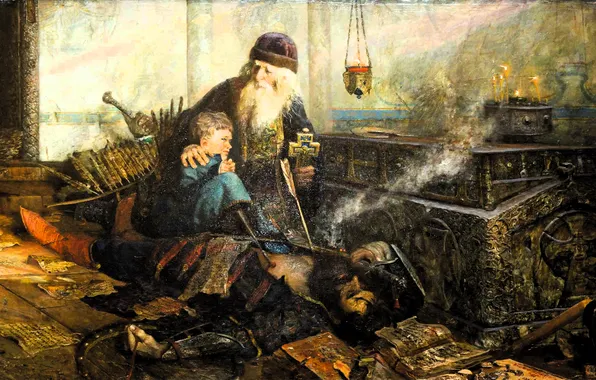 Smoke, books, child, cross, picture, boy, arrows, the priest