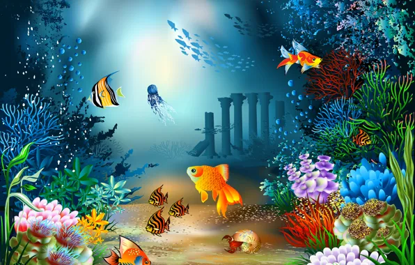 Picture sea, fish, crab, Medusa, vector, the bottom, shell, corals