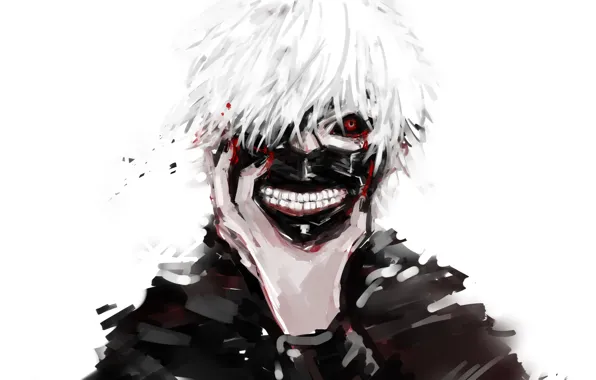 Mask, Art, white hair, red eye, Ken Kanek, Tokyo ghoul, The Kaneko Ken, Tokyo ghoul
