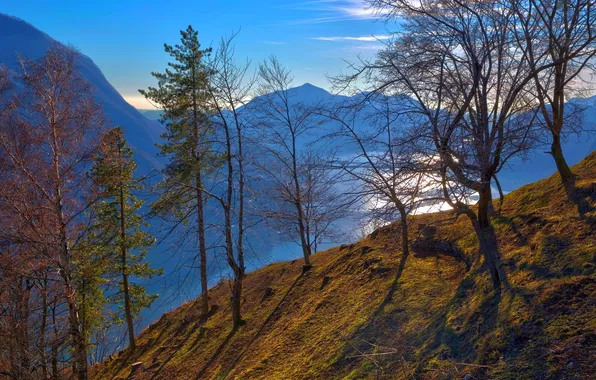 Autumn, the sky, trees, mountains, lake, slope