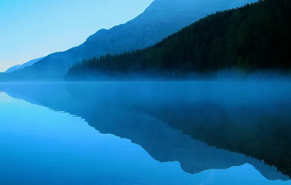 Forest, the sky, trees, mountains, lake, reflection, the evening