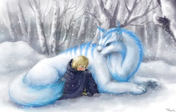 Picture winter, snow, elf, being, beast