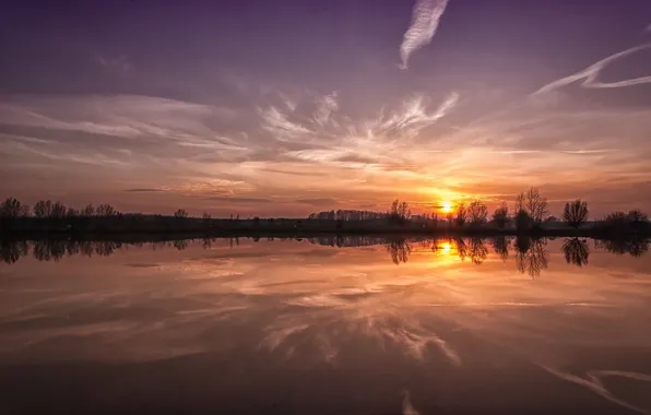 The sun, clouds, lake, reflection, morning