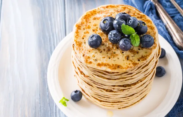 Breakfast, blueberries, honey, pancakes