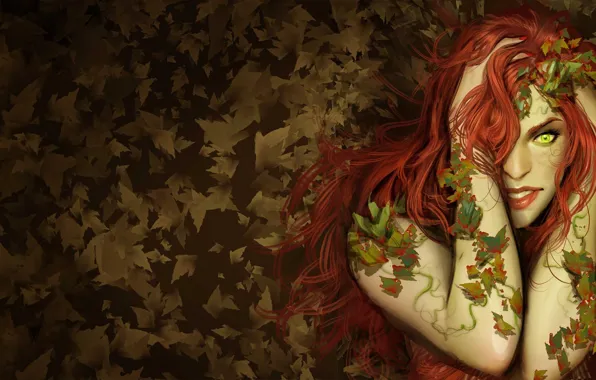 Autumn, leaves, girl, red, comic, green-eyed, DC Comics, Poison Ivy
