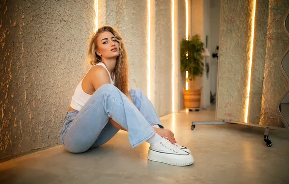 Girl, long hair, studio, model, jeans, blonde, sitting, on the floor