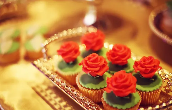 Cream, sweet, tray, cupcakes, decoration rose
