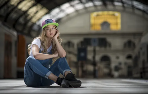 Girl, pose, cap, sitting, bokeh, Julie