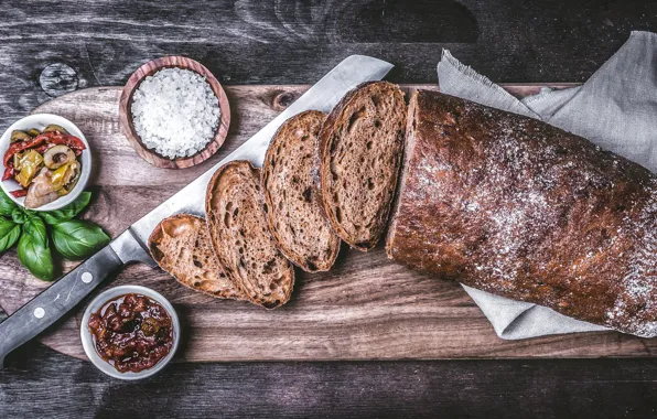 Table, Board, bread, knife, pieces, olives, sauce, cutting