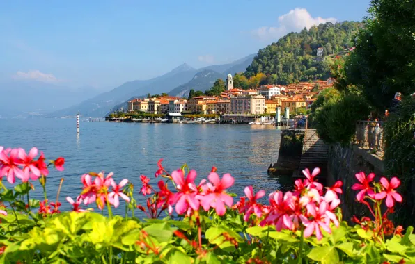 The sky, flowers, mountains, the city, lake, home, Italy, italy