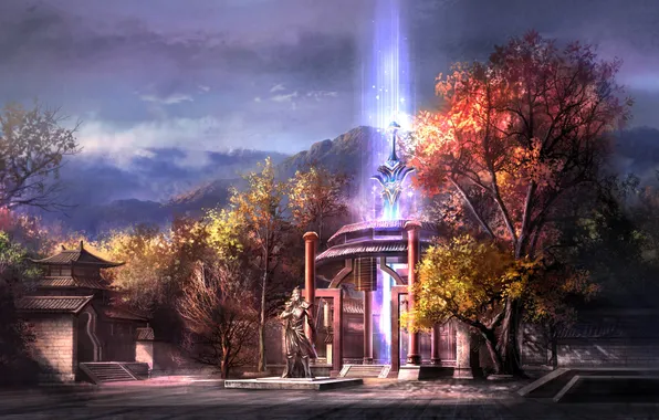 Autumn, forest, mountains, magic, building, ray, buildings, Nine communities