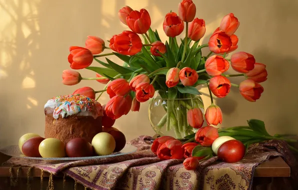 Easter, tulips, cake, eggs