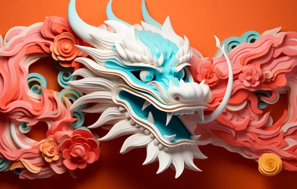 White, eyes, look, face, flowers, blue, dragon, Christmas