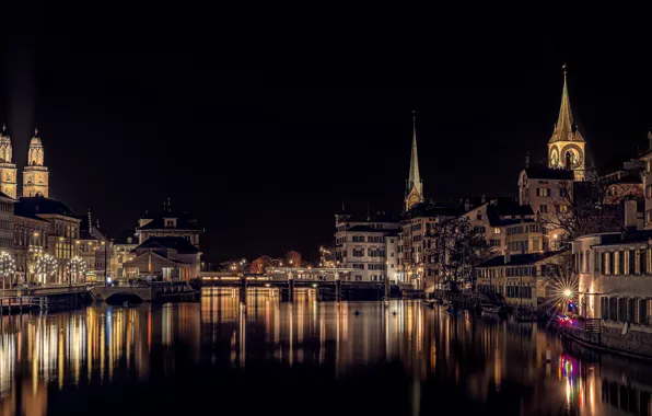 Night, bridge, lights, river, watch, building, home, boats