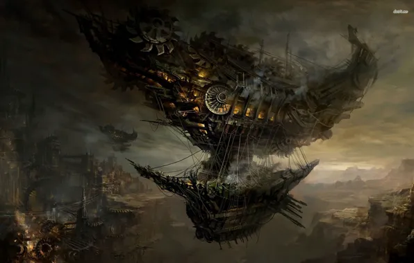 Picture the city, rocks, steampunk, Airbus, dirijabli, flying ship
