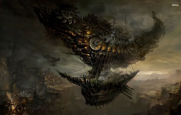 The city, rocks, steampunk, Airbus, dirijabli, flying ship