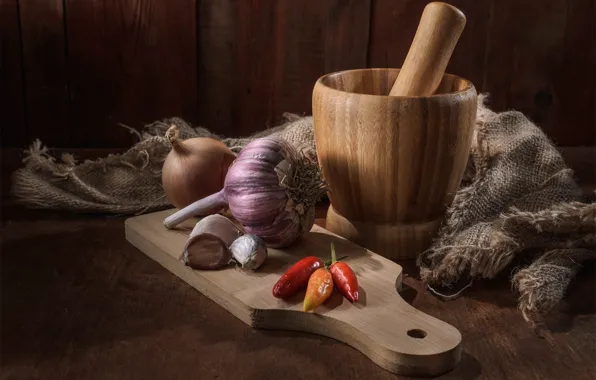 Table, bow, pepper, still life, burlap, pistil, garlic, mortar