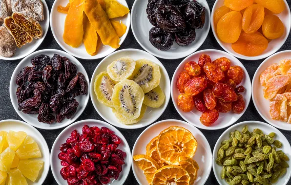 Orange, kiwi, raisins, figs, dried apricots, dried fruits, prunes, dates
