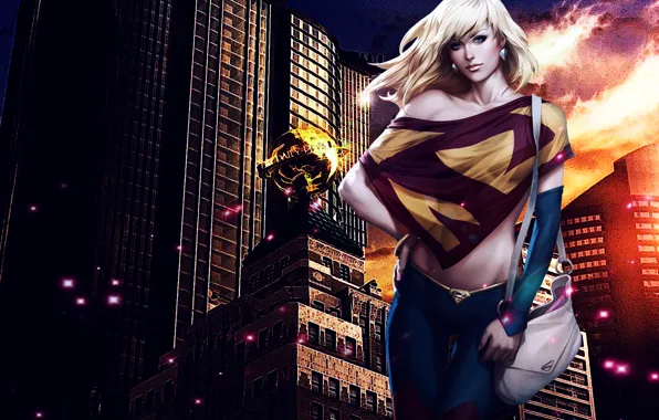 The city, background, bag, DC Comics, Supergirl, girl. look. hair