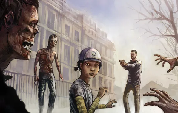 Picture girl, the building, man, art, zombies, The Walking Dead