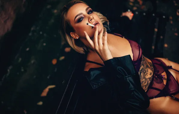 Girl, pose, hand, makeup, tattoo, cigarette, linen, Yana