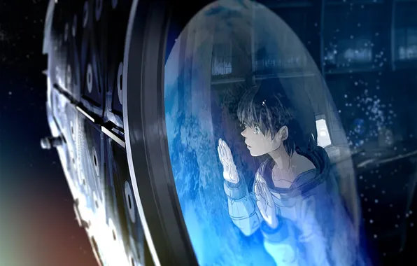 Picture girl, space, ship, anime, tears, art, laptop, kurono-fuel