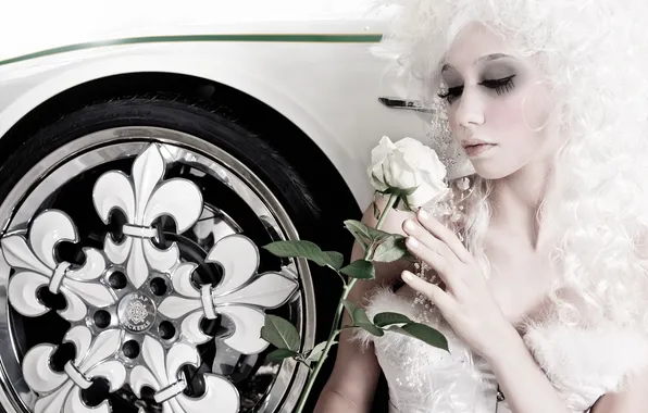 Machine, girl, white, rose