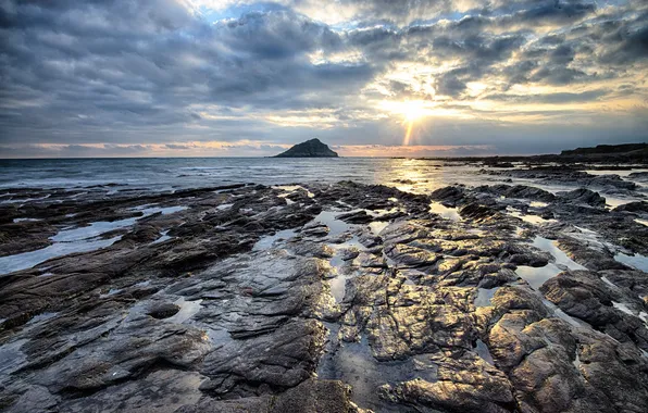 Sea, the sky, the sun, clouds, sunset, rocks, island, tide