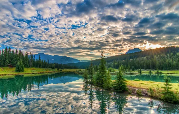 Trees, landscape, sunset, mountains, lake, Banff National park