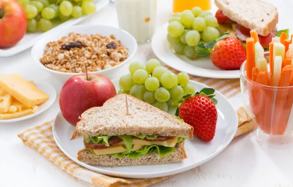 Picture Strawberry, Plate, Grapes, Apples, Food, Muesli, Sandwich