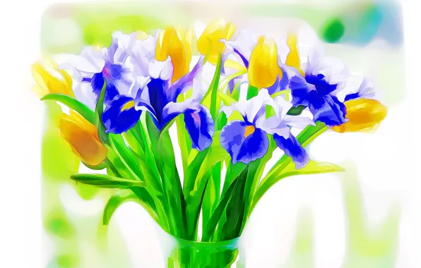 Picture flowers, Tulip, bouquet, iris