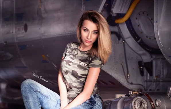 Picture girl, pose, portrait, jeans, makeup, t-shirt, hairstyle, brown hair